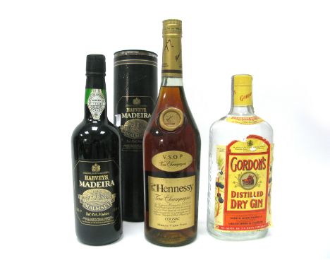 Spirits - Gordon's Dry Gin, Hennessy V.S.O.P. Fine Champagne Cognac, Harveys Madeira Malmsey, in carton. (3)