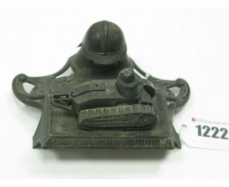 A French Pewter WWI Desk Stand, inscribed "Camp De Sissonne" , the scroll rectangular base modelled in the form of a helmet t
