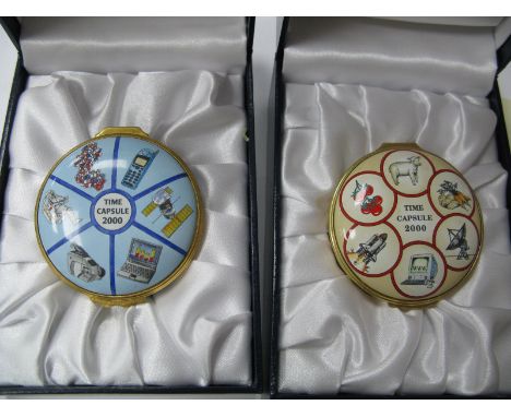 Two Halcyon Days Enamel Millenium 2000 Time Capsule Trinket Boxes, limited edition No. 368/5000 and No. 830, each 6cm diamete