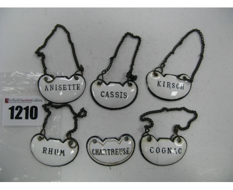 Six Late XIX Century White Enamel Wine Labels on Metal Chains, inscribed "Rhum", "Kirsch", "Anisette", "Cognac", "Cassis" and