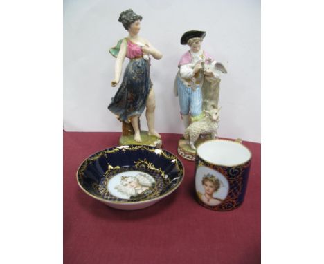 A Late XIX Century Meissen Porcelain Figure of a Young Gentleman, a pigeon carrying a letter perched on his arm, a lamb besid