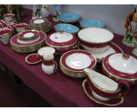 A Modern Wedgwood 'Ulander' Pattern Porcelain Part Dinner/Tea Set, decorated with mottled maroon bands within gilt borders, p