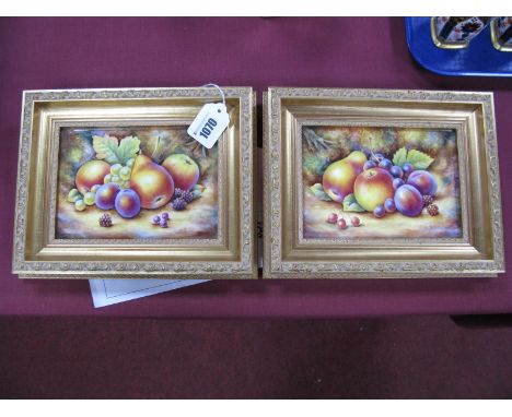 A Pair of Royal Worcester Porcelain Rectangular Plaques, each painted by D. Fuller, signed, with ripening fruit on mossy wood