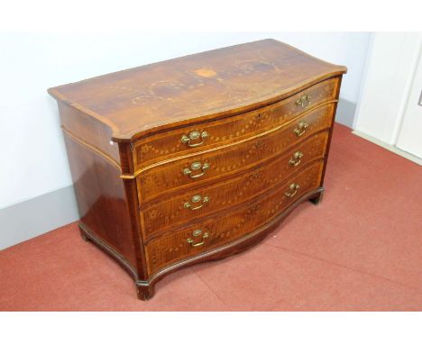 An XVIII Century Satinwood Serpentine Shaped Commode, the top with marquetry vase and foliate inlay, crossbanded edge over fo