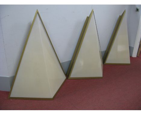 Three Odeon 'Arrow Head' Hall Wall Lights, metallic frames with perspex shades, circa 1980's, 115cm high, 100cm wide. (2)