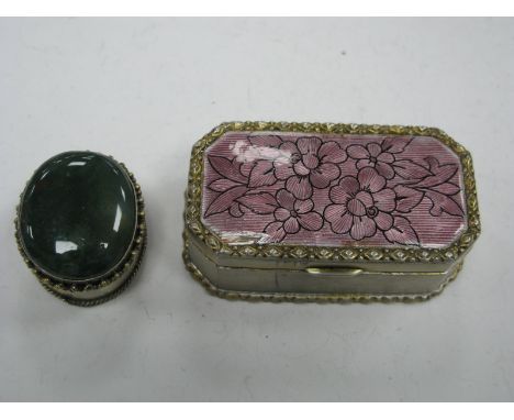 An Eastern White Metal Trinket Box, of oval form, the cover inset with a green hardstone, 3.5cm long; A Rectangular Box, with