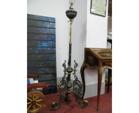 A Late XIX Century Standing Oil Lamp, (converted to electricity), the brass and cast iron part fluted column raised on elabor