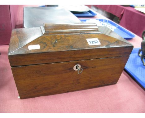 A Mid XIX Century Rosewood Tea Caddy, of sarcophagus form, the interior with two lidded compartments and central cranberry gl