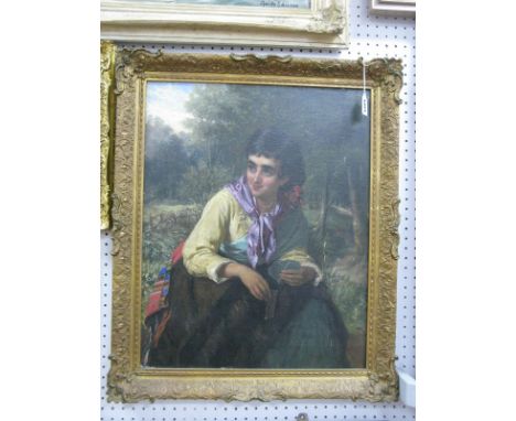 WILLIAM OLIVER (Fl.1867-1882) Portrait of a Gypsy Girl Holding a Pack of Cards in a Wooden Landscape, oil on canvas (relined)