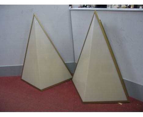 A Pair of Odeon Arrow Head' Hall Wall Lights, metallic frames with perspex shades, circa 1980's, 115cm high, 100cm wide. (2)