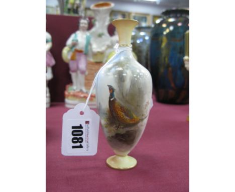 A Royal Worcester Porcelain Vase, of lobed ovoid form, with blush ivory spreading neck and foot, painted by James Stinton, si