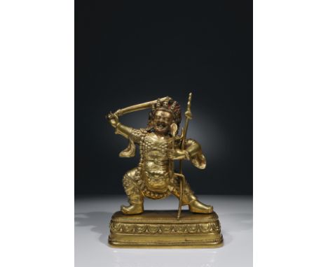 Bronze fire-giltMongolia, 18th century ZanabazarDimensions: Height 17 cm by 12 cmWeight: 793 gramsThis armoured god of protec