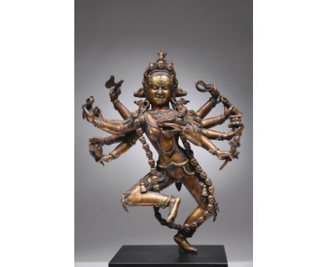 Bronze giltTibet, 17th century or earlierDimensions: Height 28,5 cm by 23 cmWeight: 5645 gramsThis is a wrathful version of t
