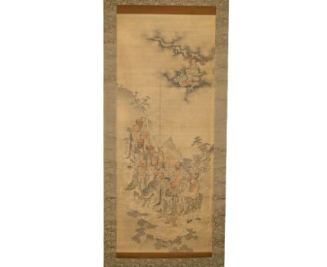 Silk China, Qing Dynasty (1645 - 1911) Dimensions: Height 101 cm by 41 cm Weight: 376 grams Title: 《十六罗汉》Sixteen Arhats Hangi