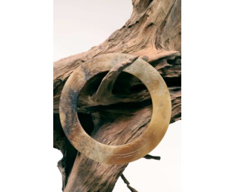 JadeiteChina,  The Western Zhou Dynasty (11th century - 771 B.C.)Dimensions: Diameter 11,5 cm Depth 0,5 cmWeight: 78 gramsA b