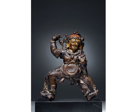 Bronze with silver and stone inlaysTibet, 13th centuryDimensions: Height 14,5 cmWeight: 437 gramsThe protector of Buddha and 