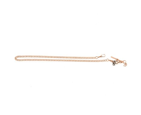 A 9 carat yellow gold single albert watch chain, 4.8mm gauge solid non-graduated curb links fitted with a T bar, swivel and b