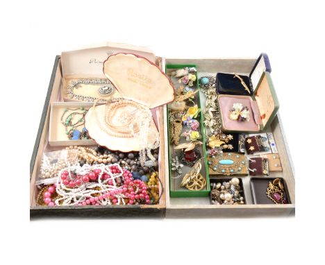 A collection of vintage costume jewellery, bead and simulated pearl necklaces, paste, floral, mink and ceramic brooches, earr