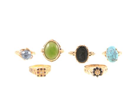 Six yellow gold gemset dress rings, five marked 9 carat, sapphire and diamond reverse cluster, ring size L, ruby and diamond 