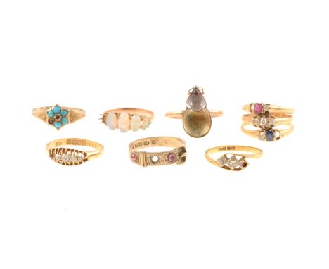 Seven gemset rings, missing stones, triple ring with sapphire, ruby and diamonds, ring size L, 4gm, 18 carat yellow gold ring