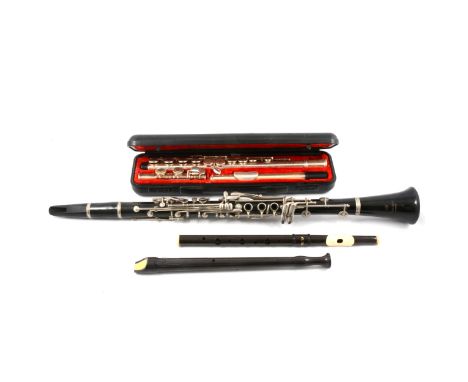 Besson 35 clarinet; nickel-plated flute, cased; two recorders.