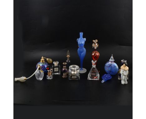 Modern and art glass perfume bottles, a blue glass bulbous atomiser, a blue moon flask perfume bottle, Royal Brierley atomise