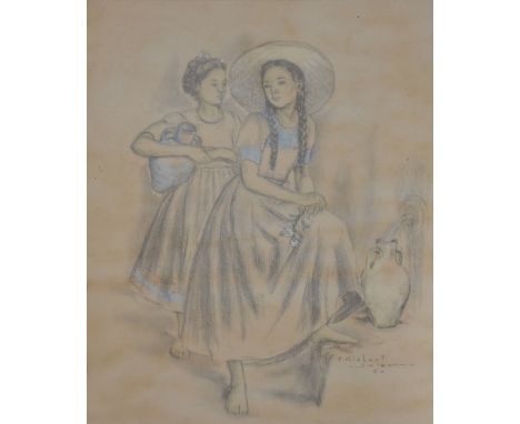 F Gisbert Soler, girls at water spout, pencil on paper, signed, 25x20cm; and by the same hand, girl with lute, pencil on pape