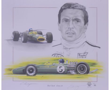 Christopher Dugan, Jim Clark Lotus 49, signed ltd ed print 352/850, 34x40cm; and Christopher Dugan, Jim Clark 1964 Lotus Cort
