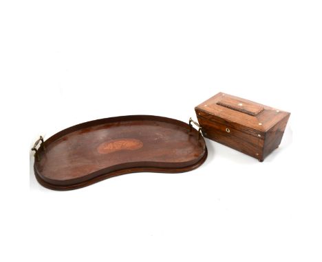 An early Victorian rosewood sarcophagus-shape tea caddy, mother-or-pearl inlay to lid and front, 14cm x 27.5cm; and a mahogan
