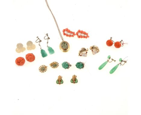 A pair of carved simulated jade (bakelite) ear clips, 23mm; a pair of 1930s green marbled glass drop ear screws, 47mm; a pair