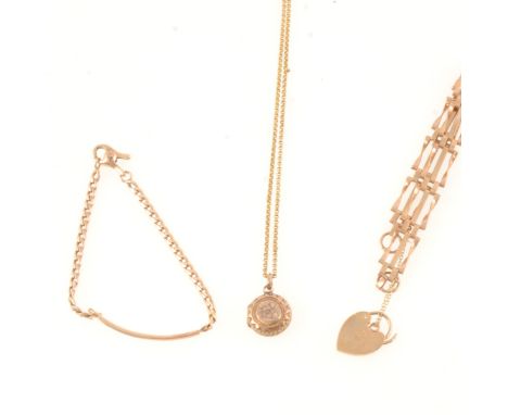 A 9 carat yellow gold three bar gate bracelet, 8.3gm, identity bracelet not marked, 6.9gm, circular locket and 9 carat gold f
