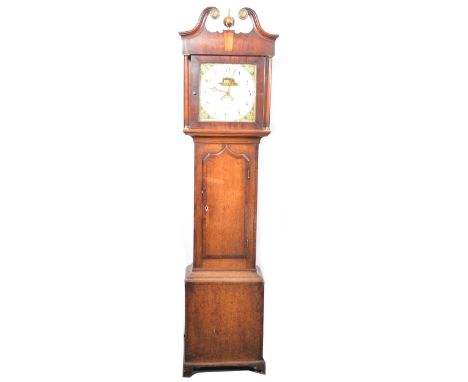 Oak and mahogany longcase clock, the hood with brass finial and swan neck pediment, turned columns, long door, box base, brac