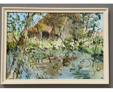 Phyllis Pearsall, Farmstead, and The Duck Pond, monogrammed, oil on board, each 17x24.5cm; and an architectural study waterco