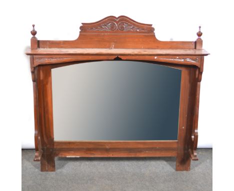 Walnut mirrored dresser back, no base, moulded and carved cresting, bevelled arched mirror plate, framed by pierced uprights 