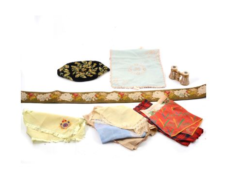 Embroidered velvet smoker's cap, tapestry bell pull and a collection of commemorative silk handkerchiefs, opera glasses.