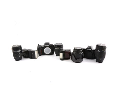 Nikon SLR 35mm film cameras, lenses and accessories; two camera bodies including a F-100 (boxed with paperwork), and a F-801s