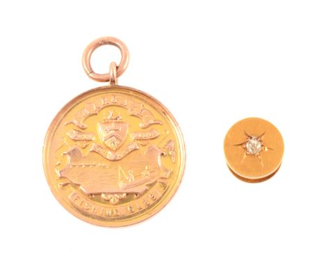 A 9ct yellow gold Margate Fishing Club medal, awarded to AJ Smith for 'Best Fish of the Year 1933, Bass 10lbs 15ozs', with ro