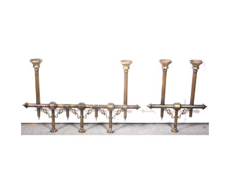 Five snooker table lighting brackets, four with three light fittings, width 148cm, height 92cm, and one single light fitting,