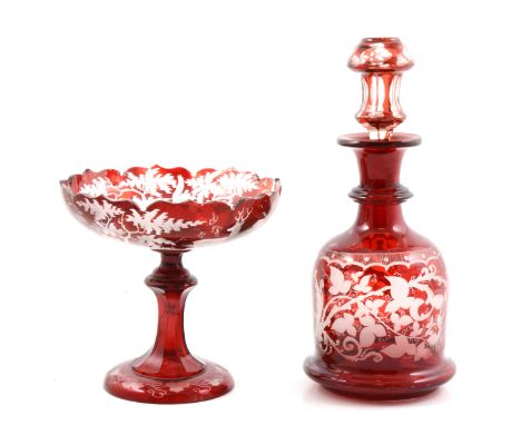 Continental ruby overlaid glass decanter, with stopper, 25cm, and a similar comport, 15cm.