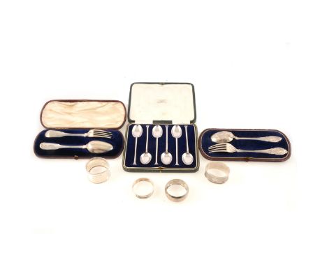 Silver Christening spoon and fork set, by John Tongue, Birmingham 1865, bright cut and with engraved initial, cased, another 