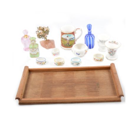 Box of decorative ceramic vases and bottles, including Limoges and Wedgwood, and a wooden tray.