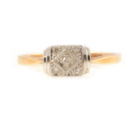 An Art Deco style diamond cluster ring, five small eight cut diamonds set into a white metal 6.4mm square head, yellow metal 