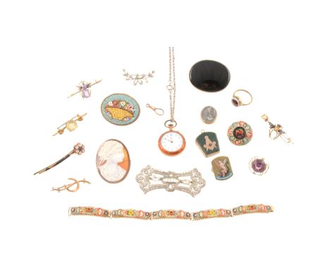 Victorian and later jewellery, micro mosaic bracelet and two brooches, an oval carved shell cameo brooch, 42x35mm, two bug br