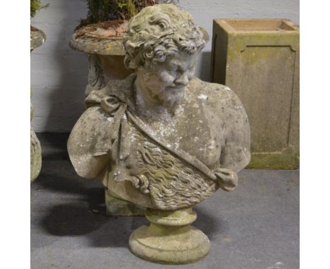 Large Haddonstone Bacchus Bust, modelled wearing an animal skin cloak, short plinth stand, 92cm.