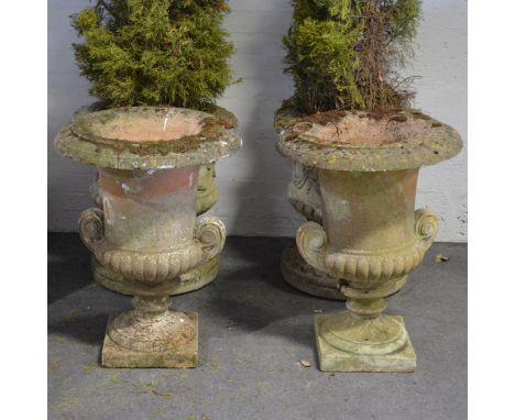 Pair of Haddonstone 'Haddo House' garden urns, pedestal bases, diam 58cm, height 77cm.