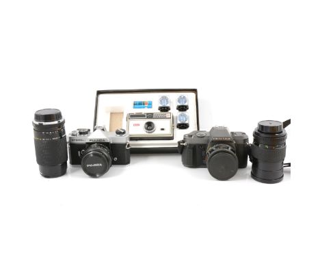 Selection of 35mm cameras, including Fujica ST305N, Pentax SMC; accessories; and a Kodak Instamatic 104 Outfit.