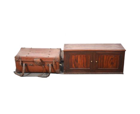 Mahogany cupboard, converted for shoes, width 106cm, depth 36cm, height 46cm; and a vintage trunk