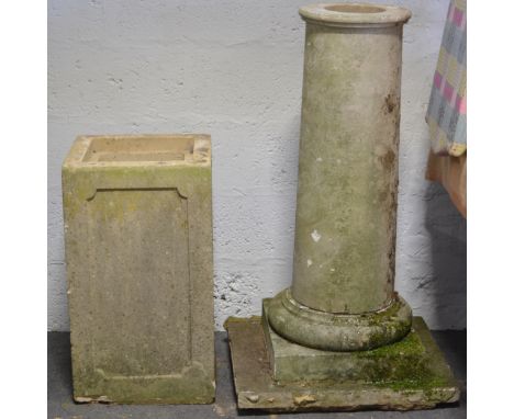 Two garden column sections, one Roman column, stepped base, 194cm high, the other a square section plinth, believed Haddonsto