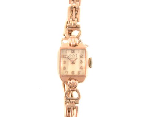Ardath - a lady's 9 carat gold bracelet watch, 10mm square arabic dial in a 14c. 585 rose metal rectangular case, 9 carat yel