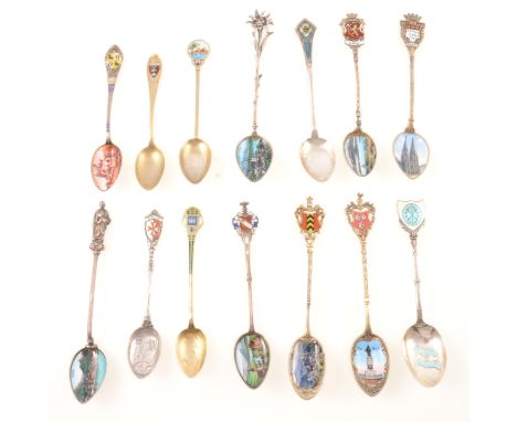 Silver / white metal and enamel souvenir spoons; some white metal marked 800, 830, 925 or Sterling; total British sterling ap